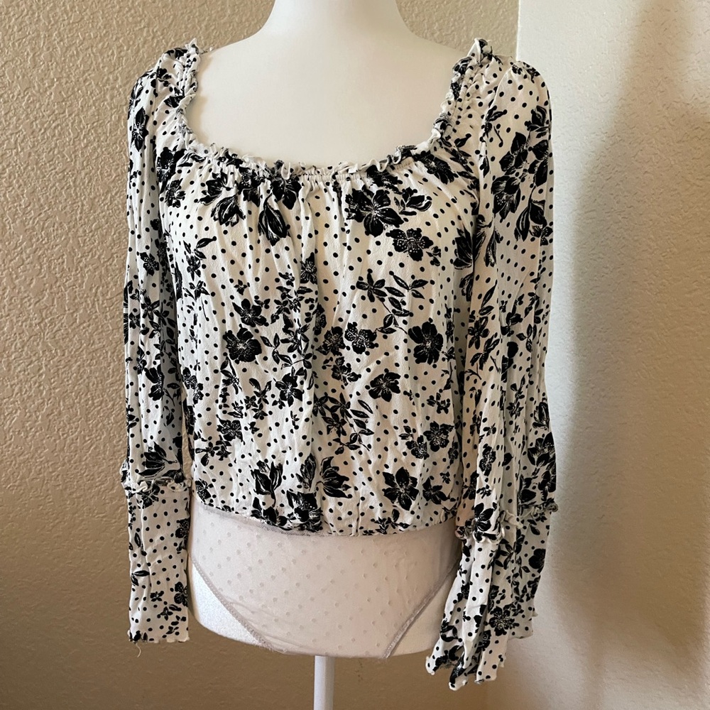 Free People Black and White Floral Blouse
